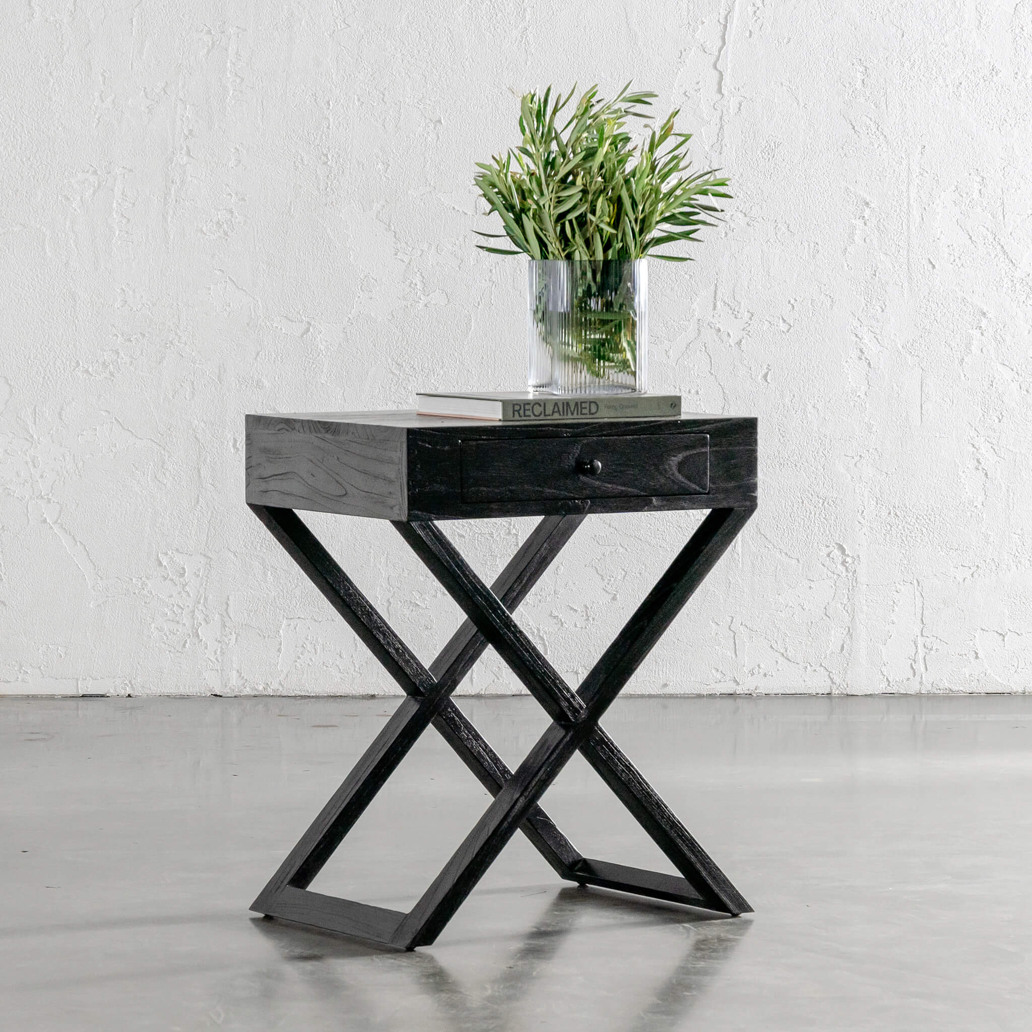 Amara Mid Century Cross Leg Bedside Table – Black Grain