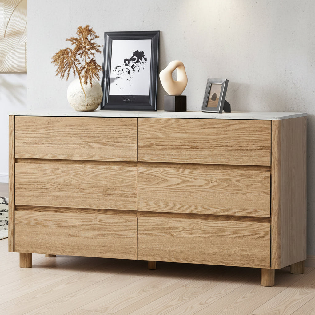 Arlo 6 Chest of Drawers Dresser Faux Marble Top Natural