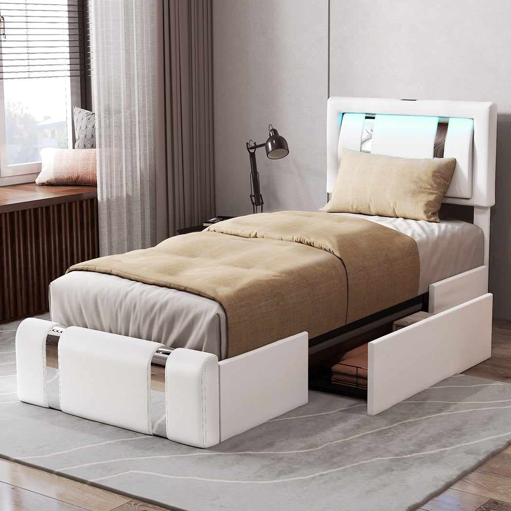 Bed Frame Adjustable Soft Headboard LED Lights Drawers USB Charge
