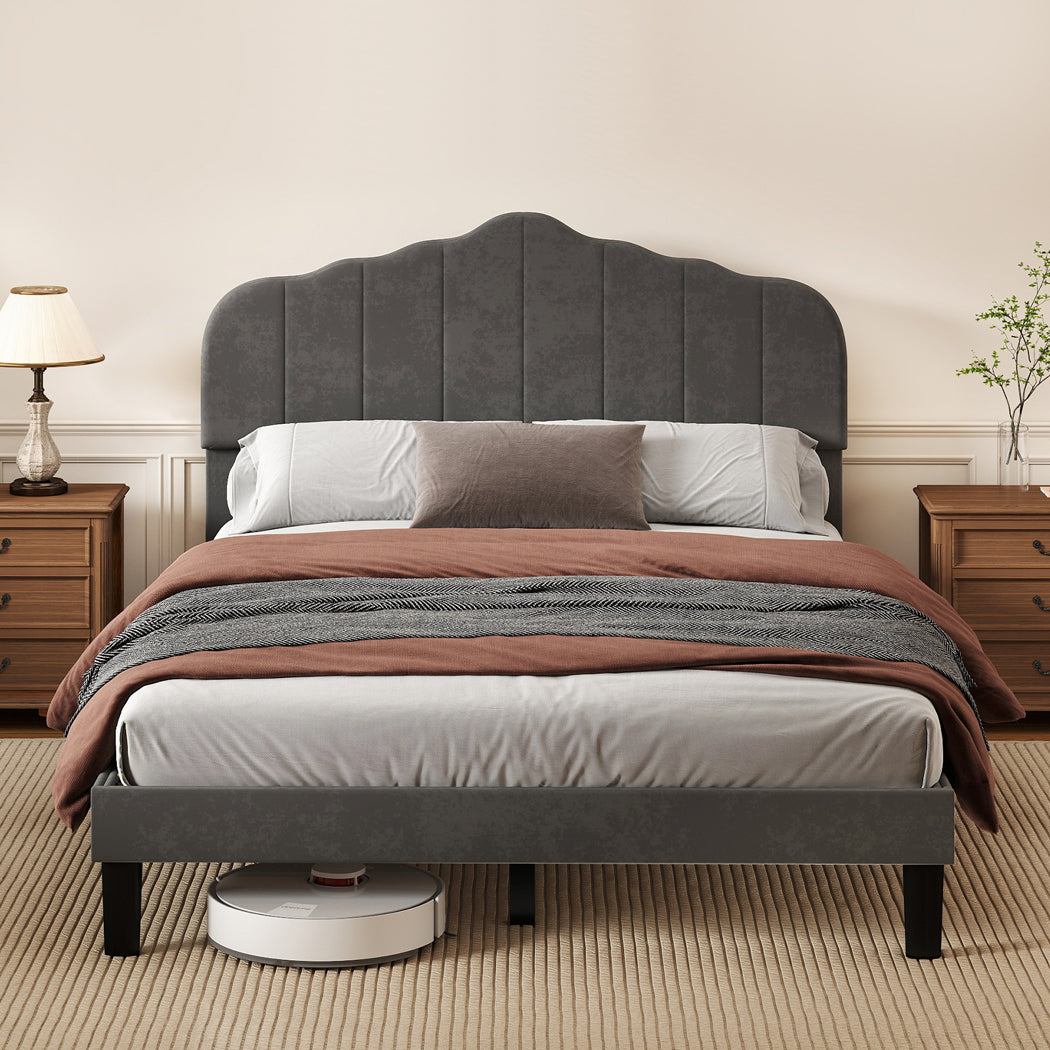 Bed Frame Linen Fabric Upholstered Platform Wooden Mattress Base