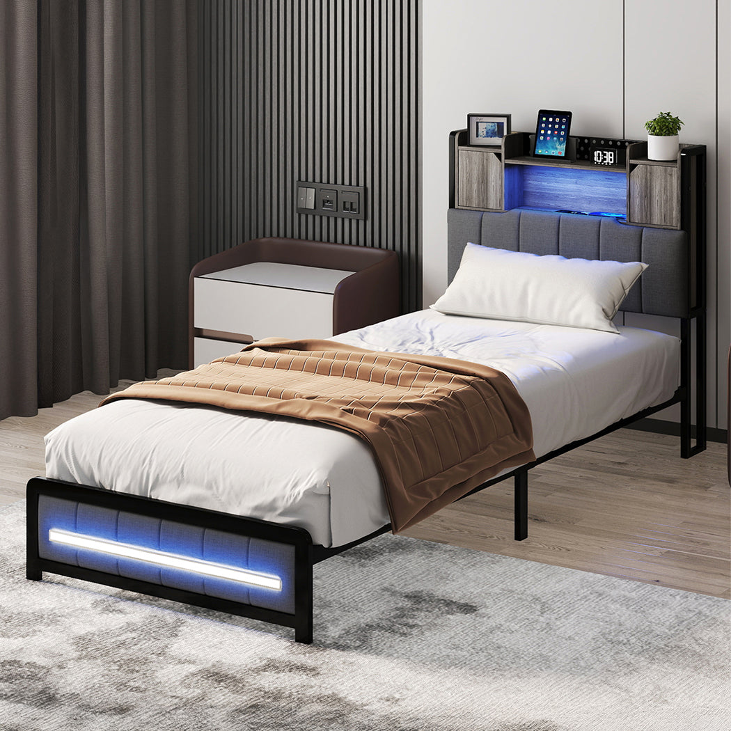 Bed Frame Linen Upholstered Storage Headboard LED Charging 2 Ports