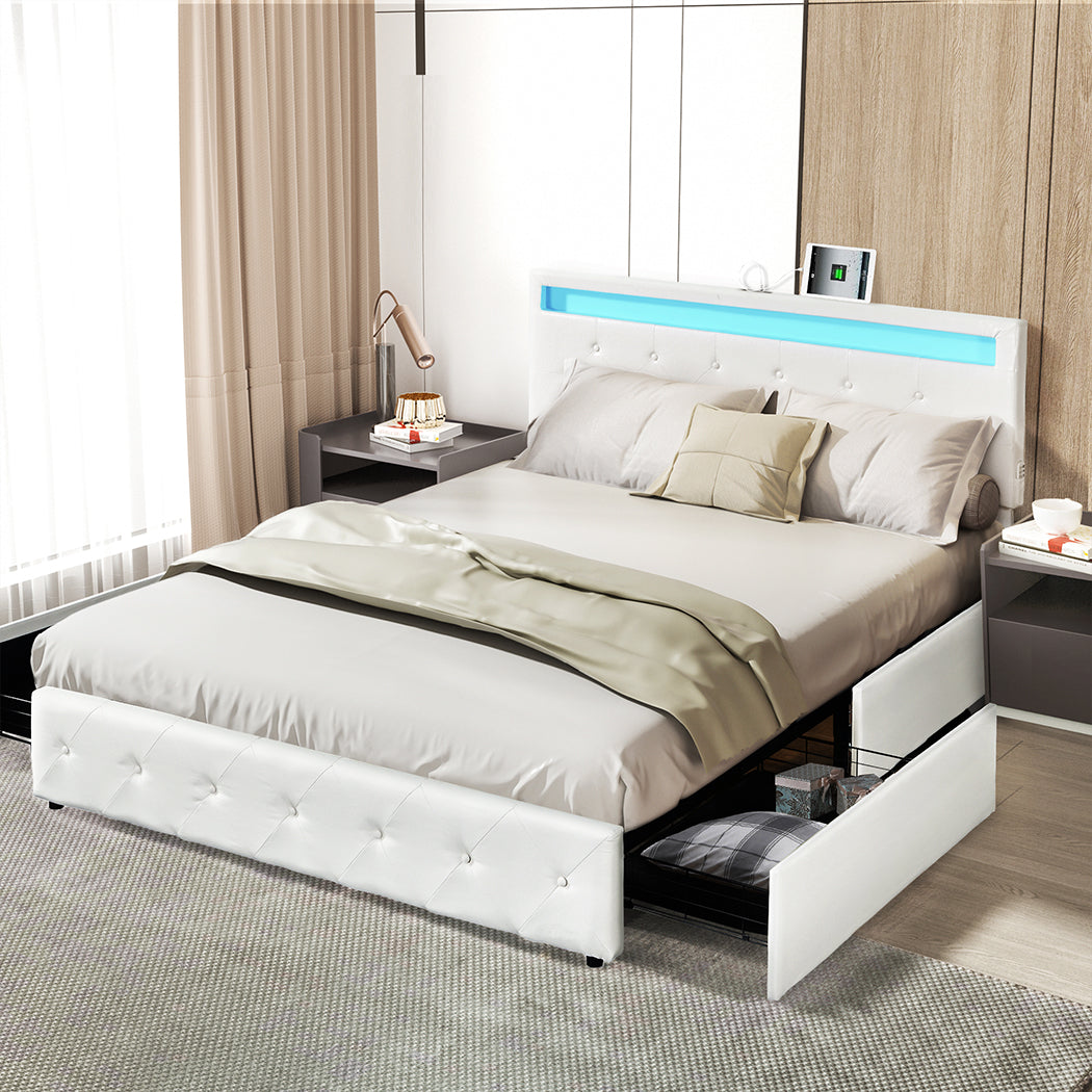 Bed Frame RGB LED PU Leather Mattress Base Drawer USB Charge