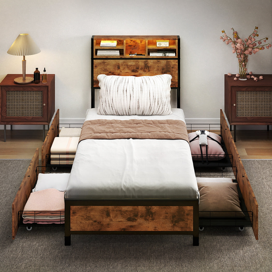 Bed Frame Storage Headboard Drawers RGB LED USB Charge Industrial