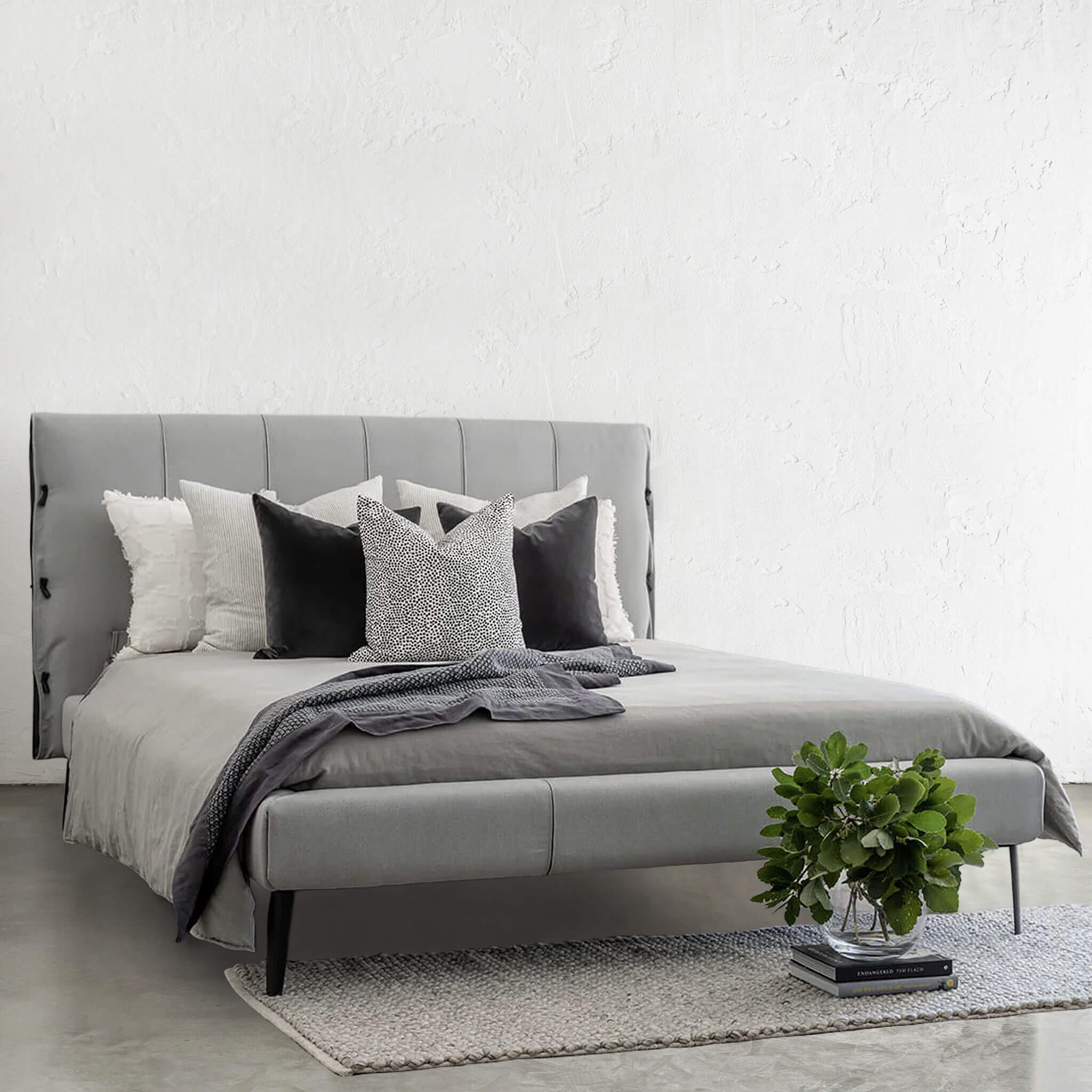 Cenova Bed Frame – Casper Grey + Noir Black Vegan Leather