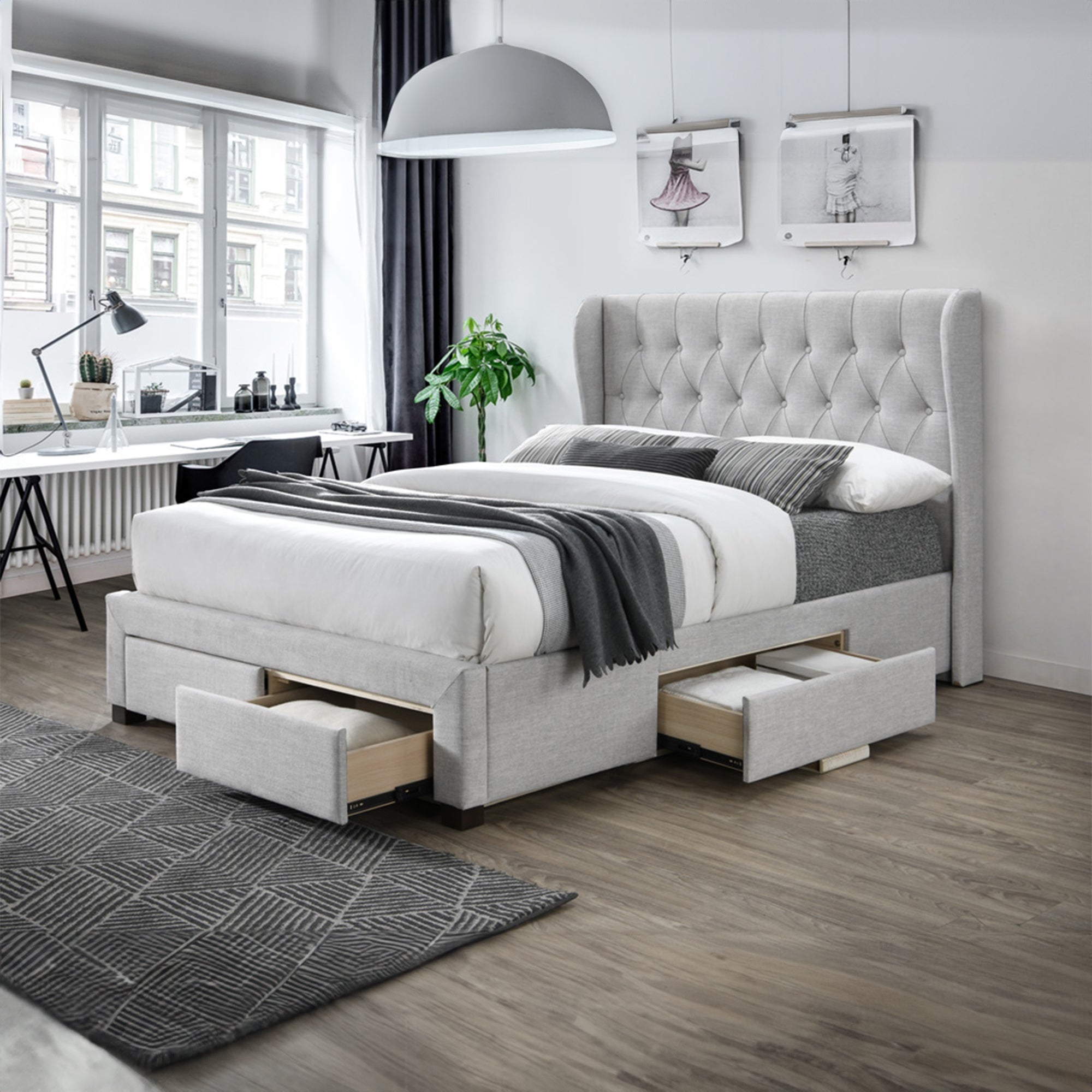 Chelsea Queen Bed Frame Storage Drawer Stone Grey