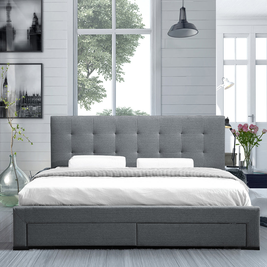 Fabric Bed Frame Double Tufted 4 Drawers Storage Wooden Mattress Grey