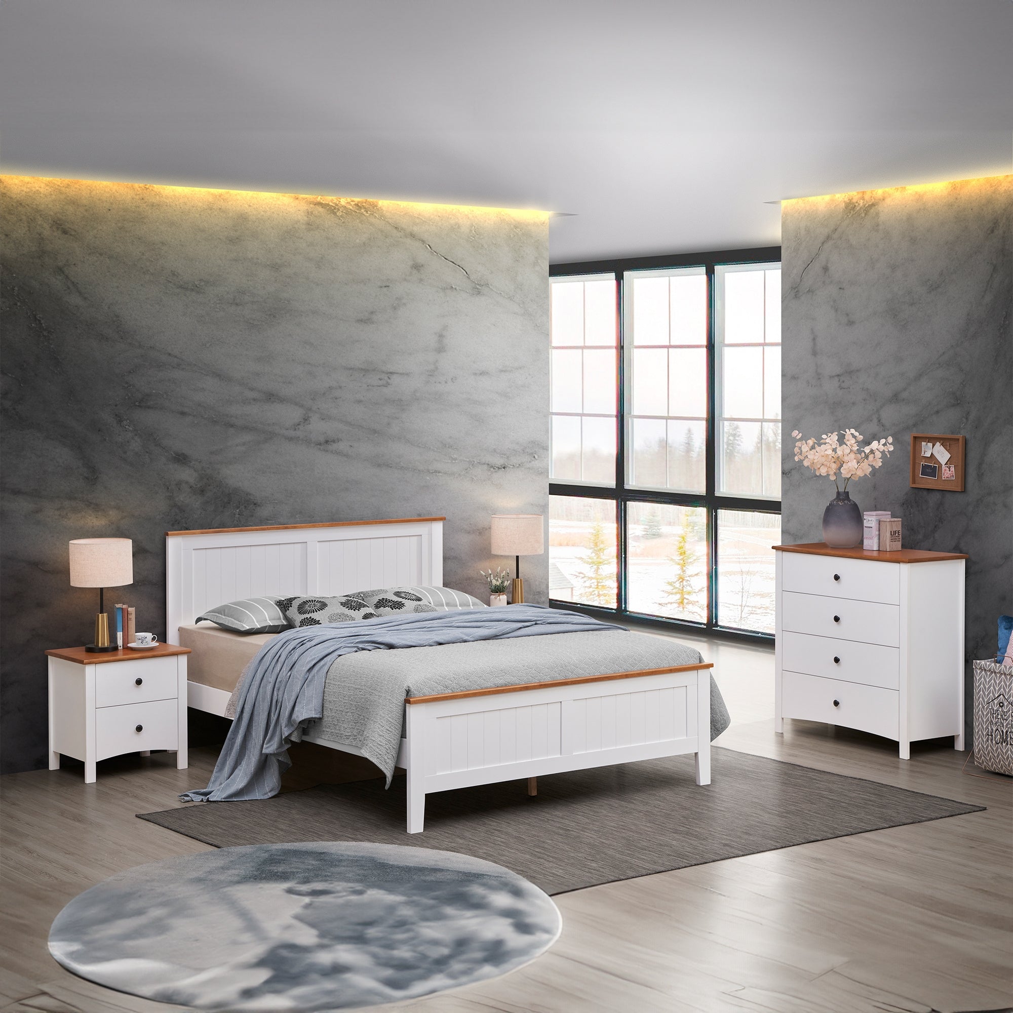 Harbourview 4pc Set Queen Bedroom Suite Bed Frame Bedside Table Tallboy Brown White