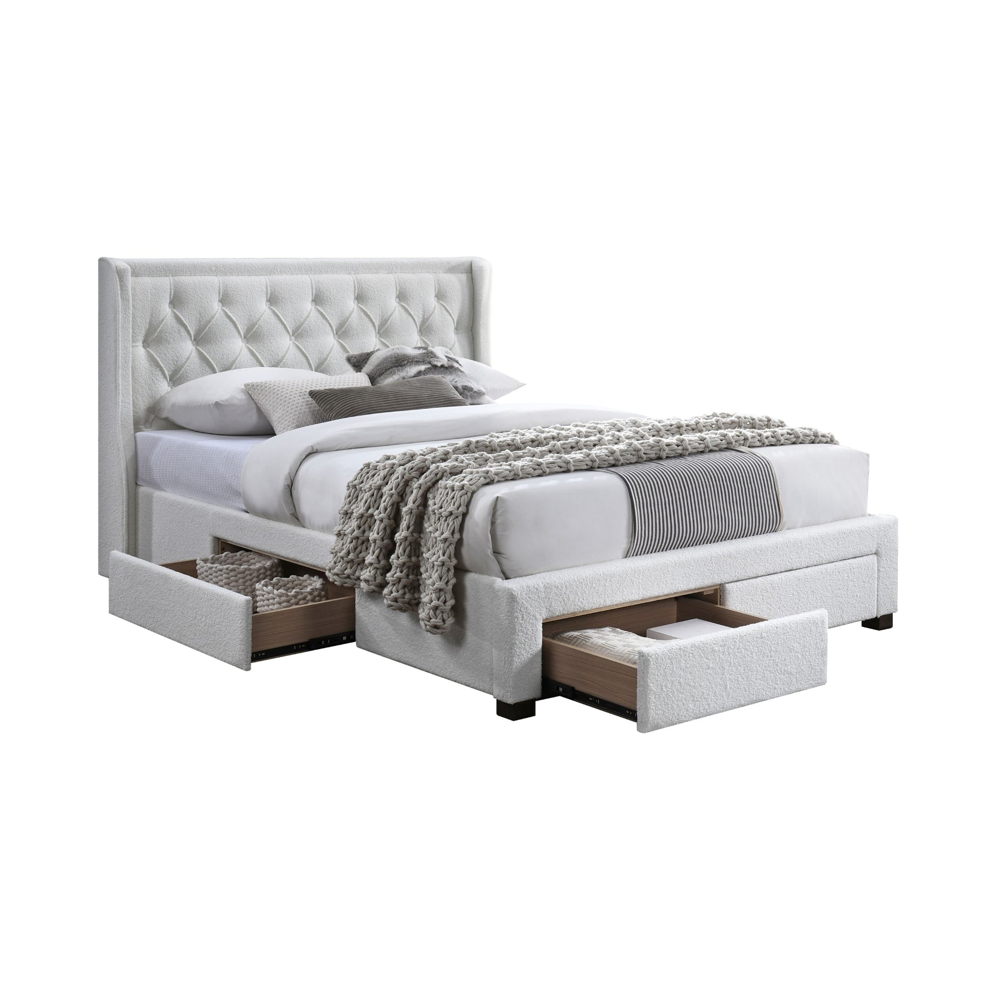 Jacky King Size Bed Frame 4 Storage Drawers Boucle Fabric Ivory Cream