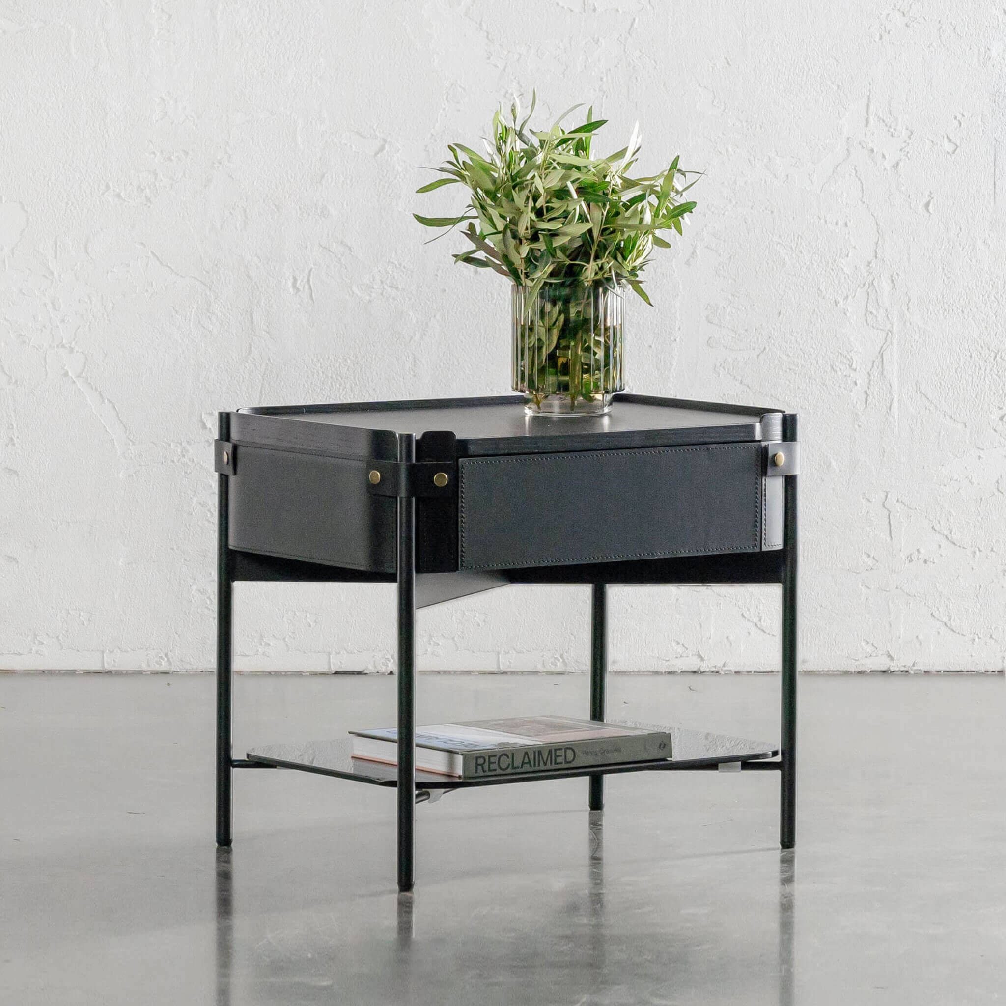 Panzano Nightstand With Drawer – Black Noir Leather