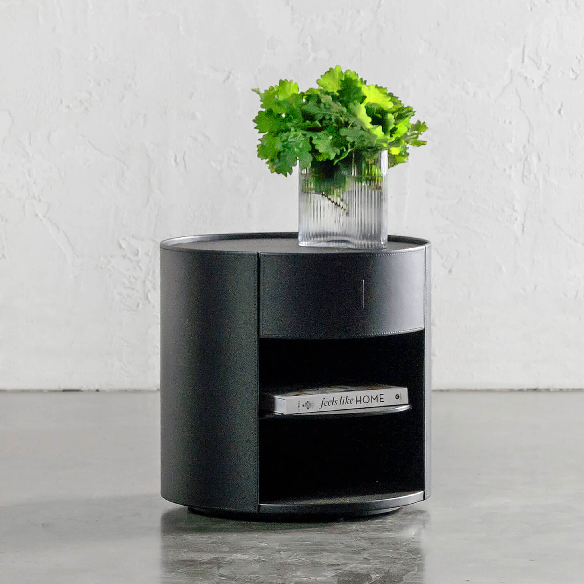 Panzano Round Bedside With Drawer – Black Noir Leather