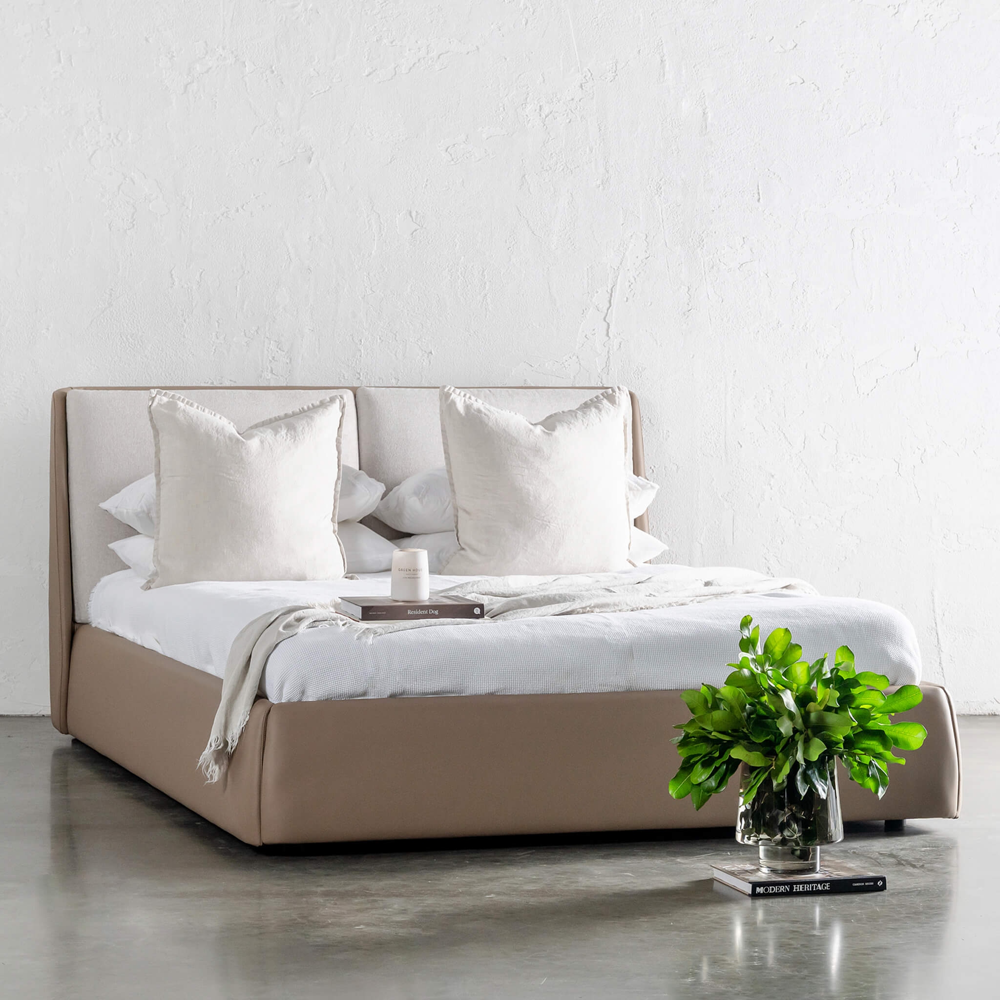 Vesima Bed Frame – Beige Royal + Tobacco Tan Vegan Leather
