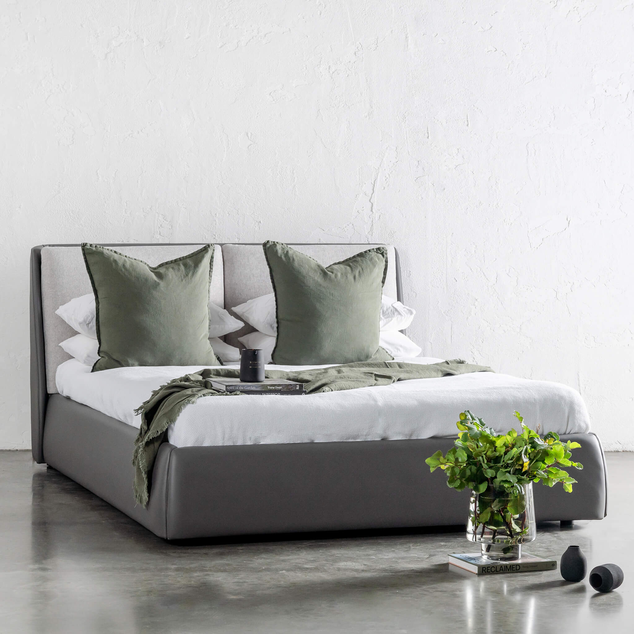 Vesima Bed Frame – Misty Grey + Deep Graphite Vegan Leather
