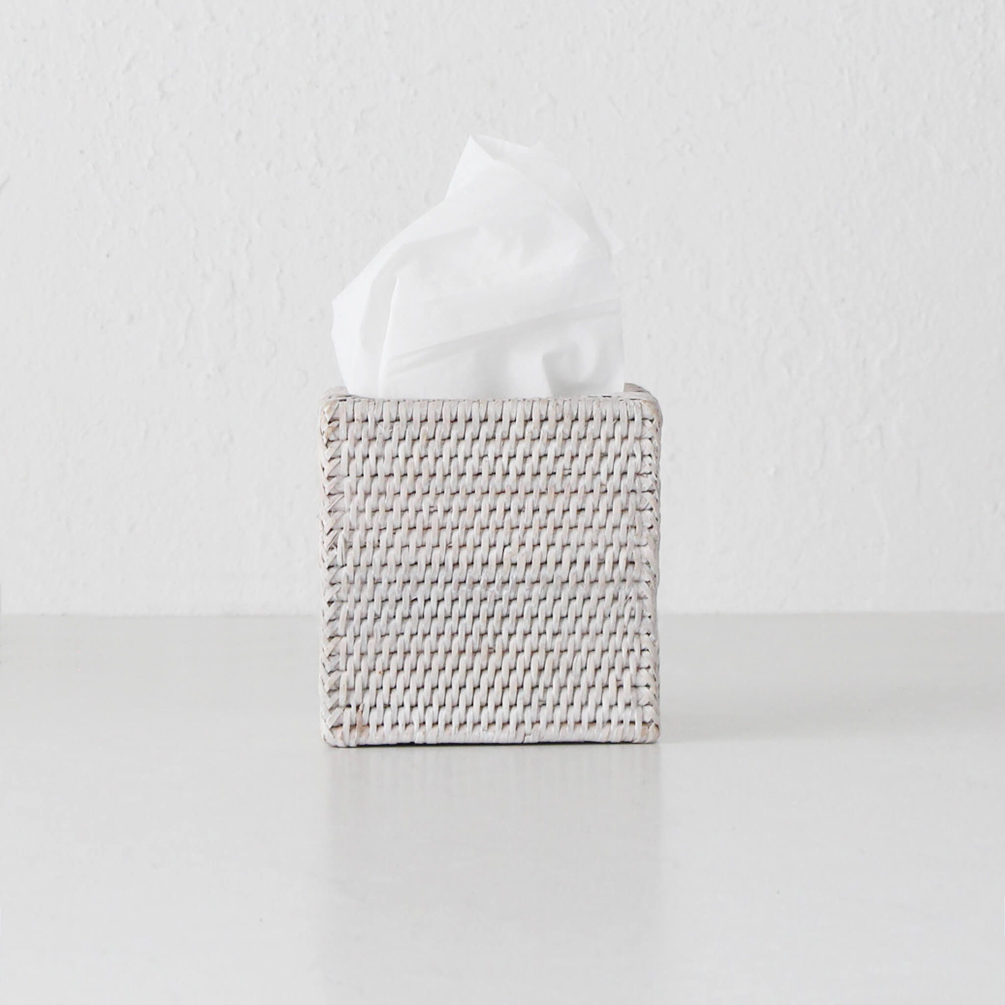 Paume Rattan Square Tissue Box Cover – White Wash Rattan