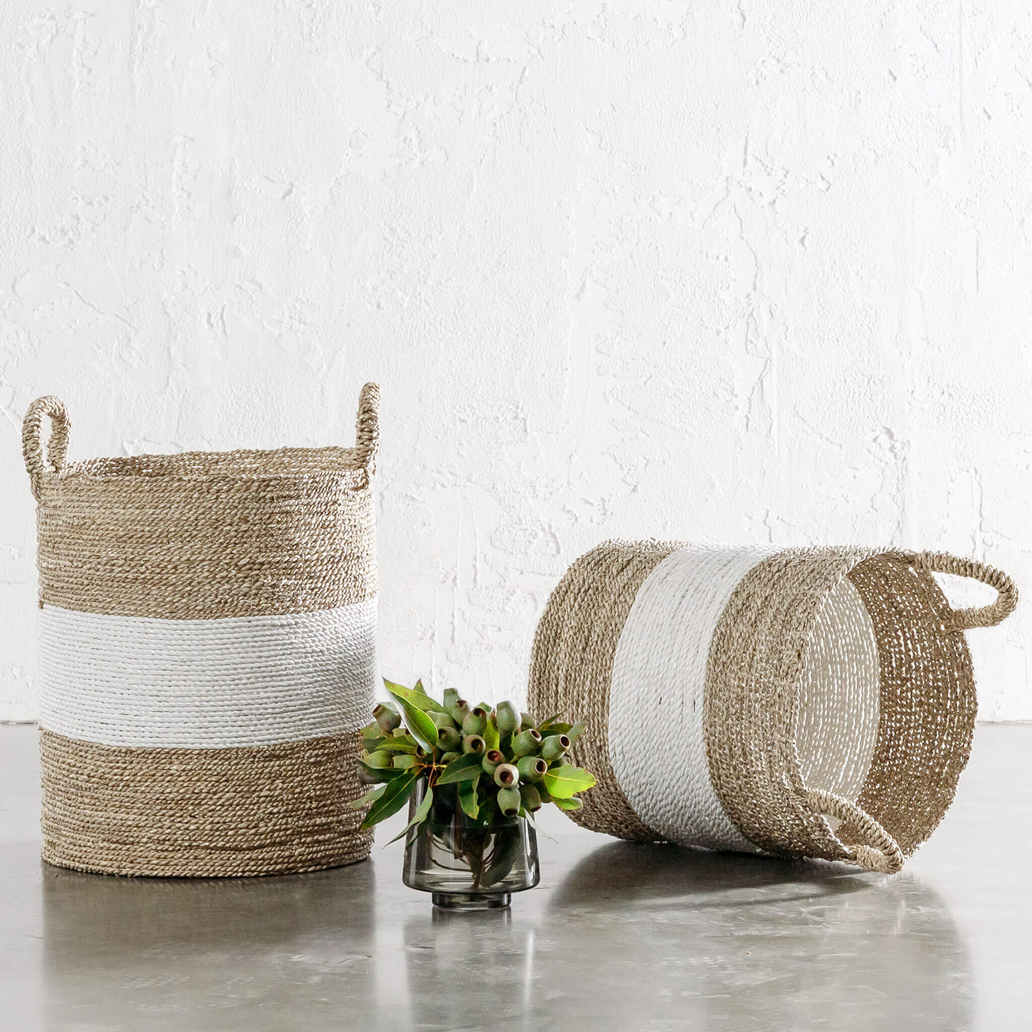 Seagrass Storage Basket Bundle X2 – Natural + White Centre Stripe - Image 1