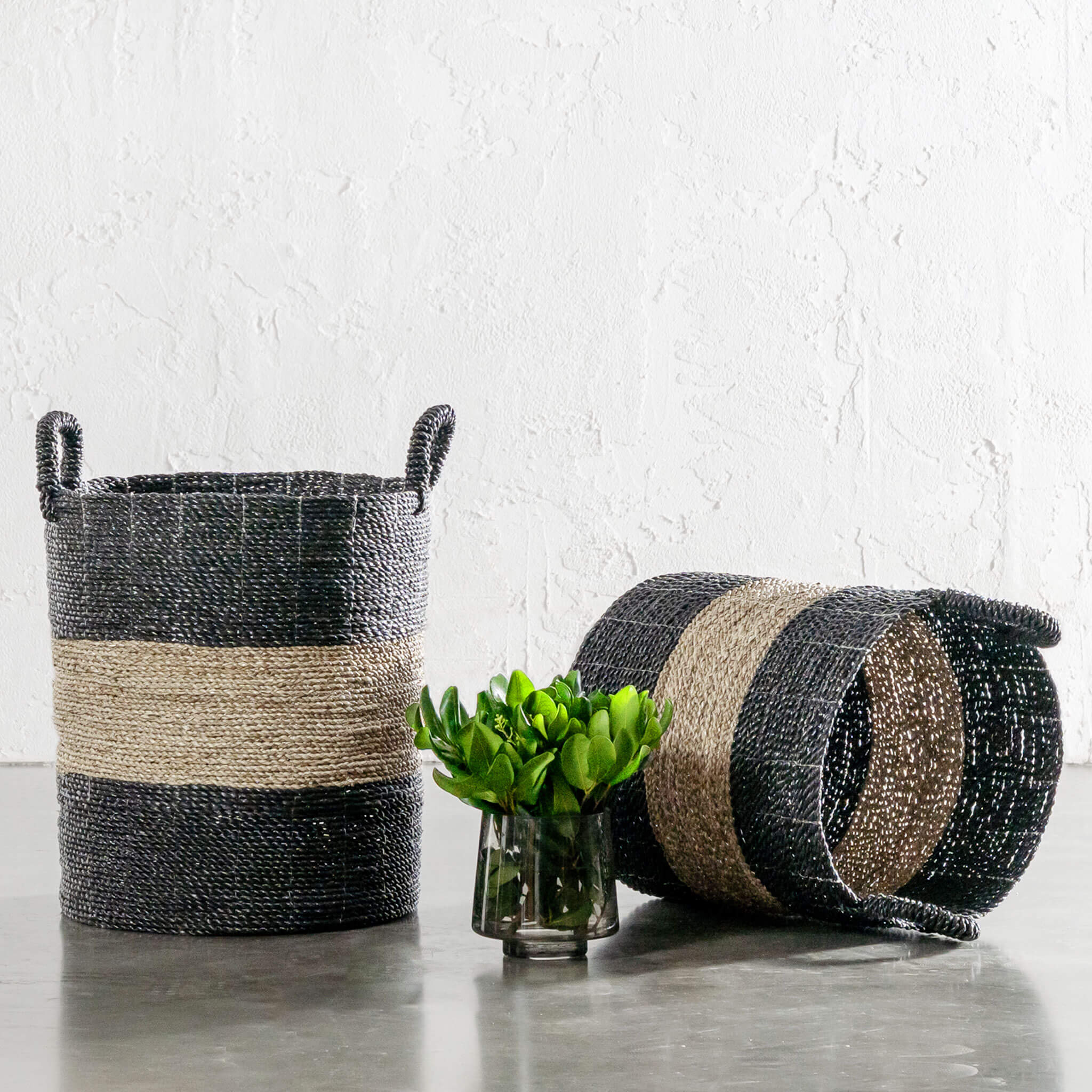 Seagrass Storage Basket Bundle X2 – Black + Natural Centre Stripe - Image 1