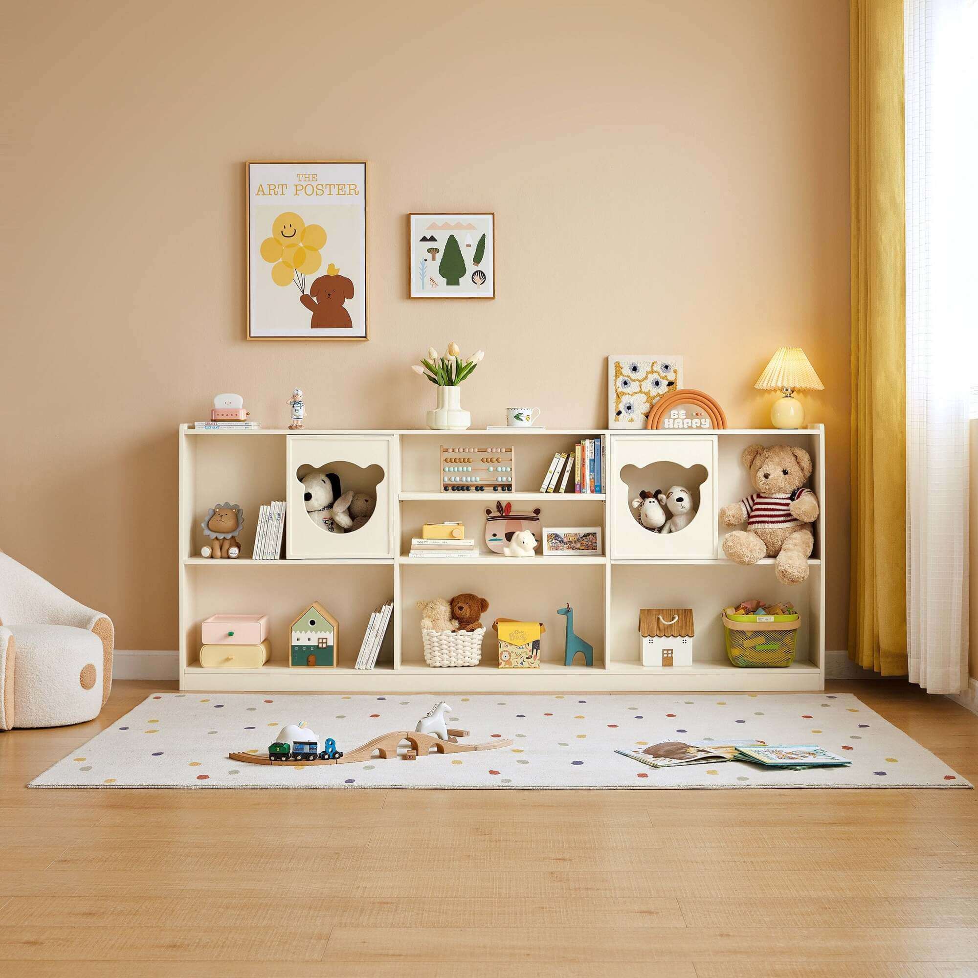 Versatile Kids' Storage Cabinet Showcase With Bear-shaped Hollow Doors Cream White - Image 1