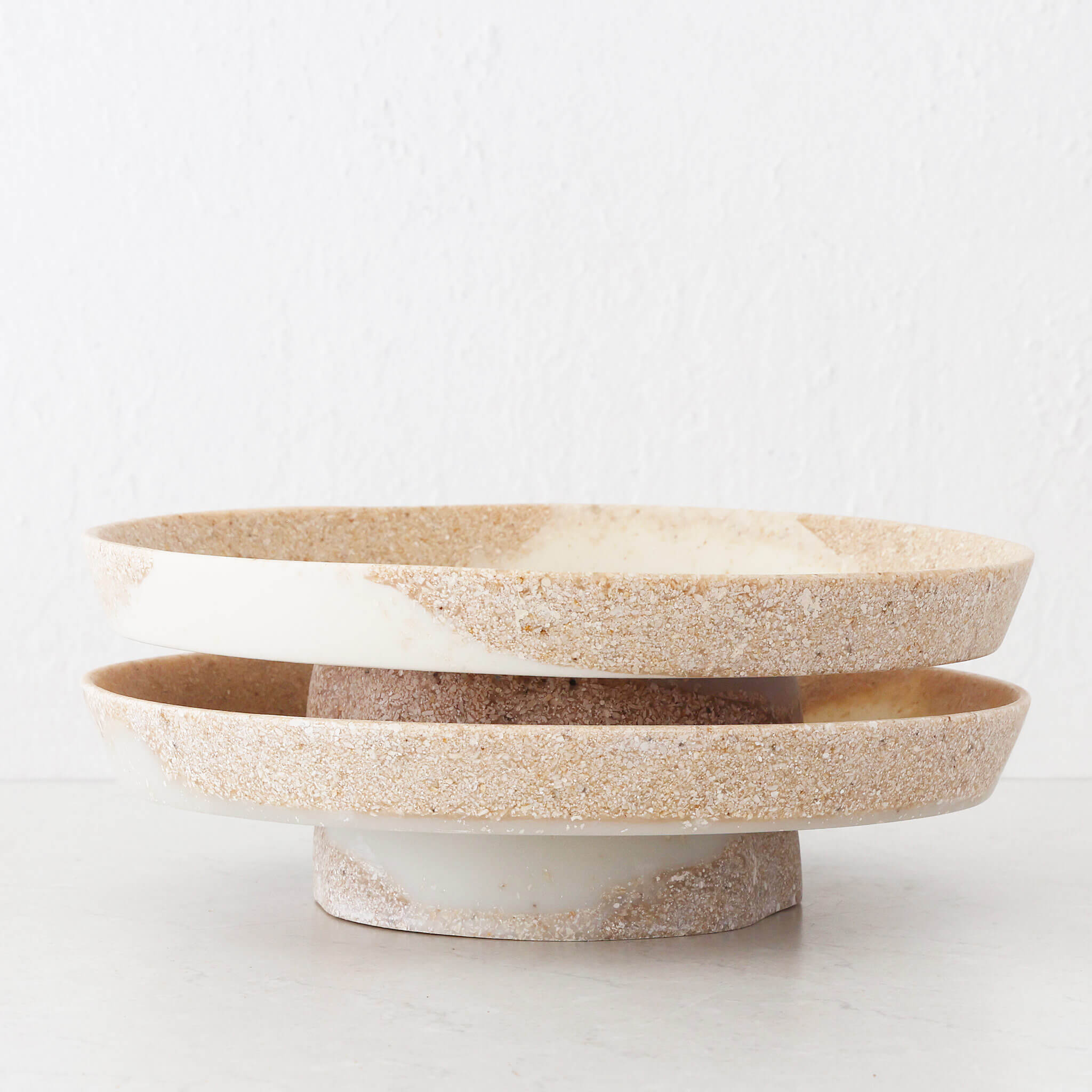 Barletta Round Footed Serving Platter Bundle X2 – Sandy Dune + Terrazzo White Resin