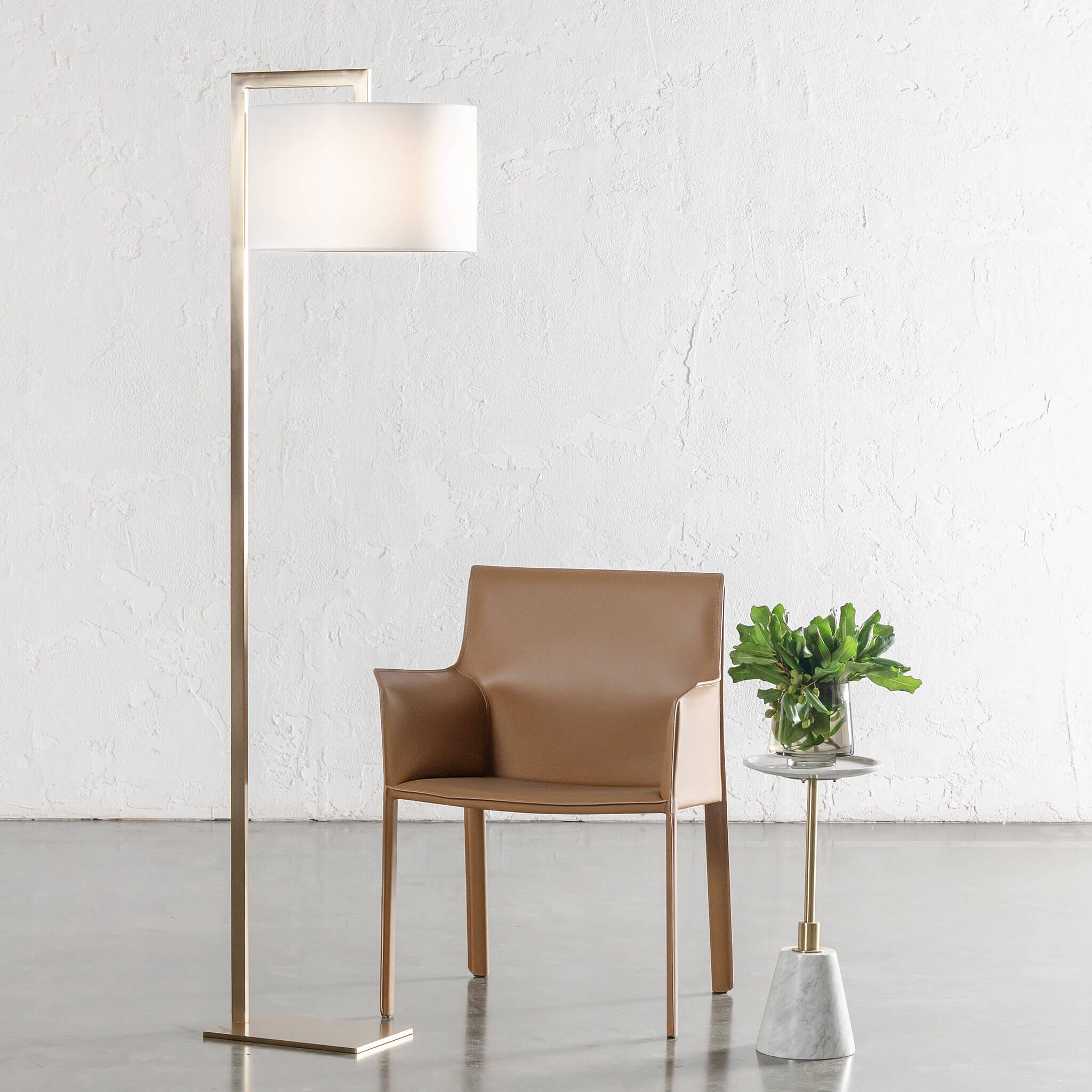 Santana Floor Lamp – Antique Brass + White Linen