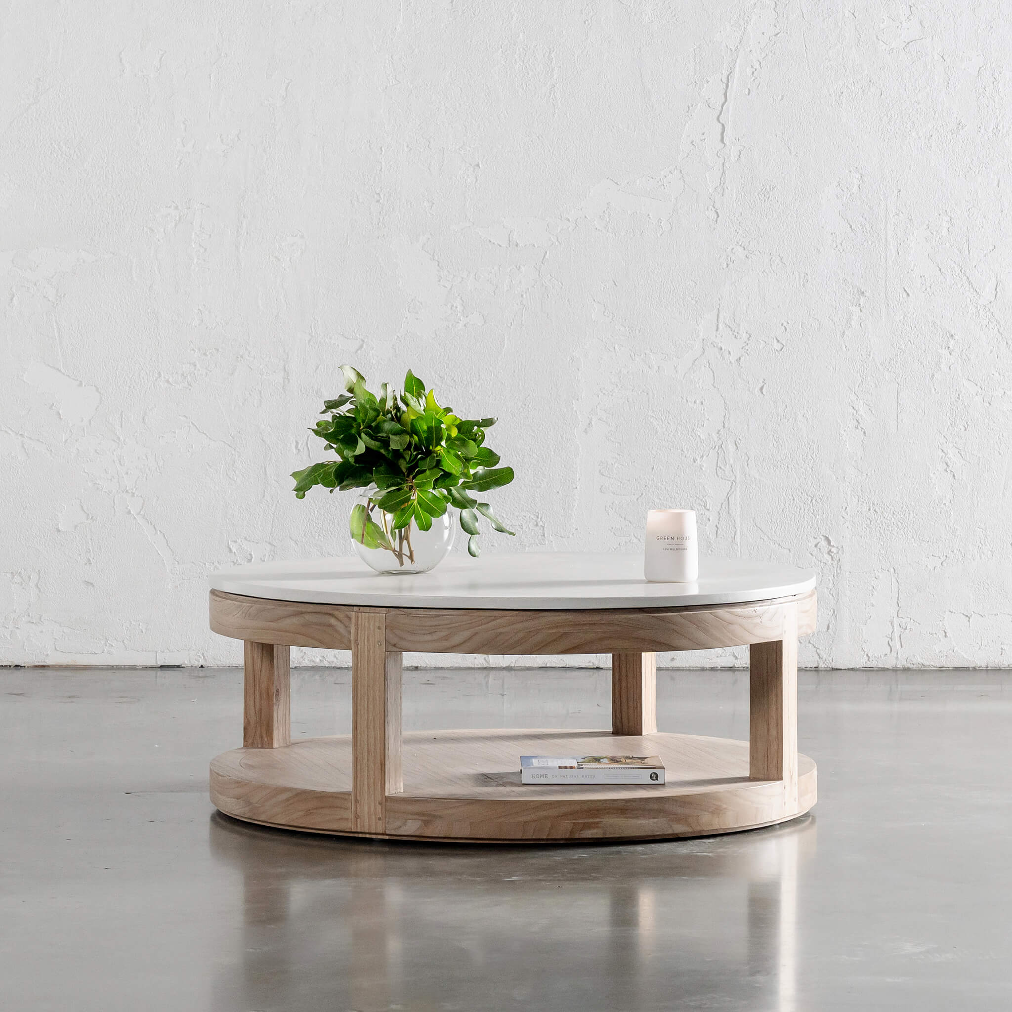 Basilio Round Coffee Table – Natural Ash + Bianco Ciment
