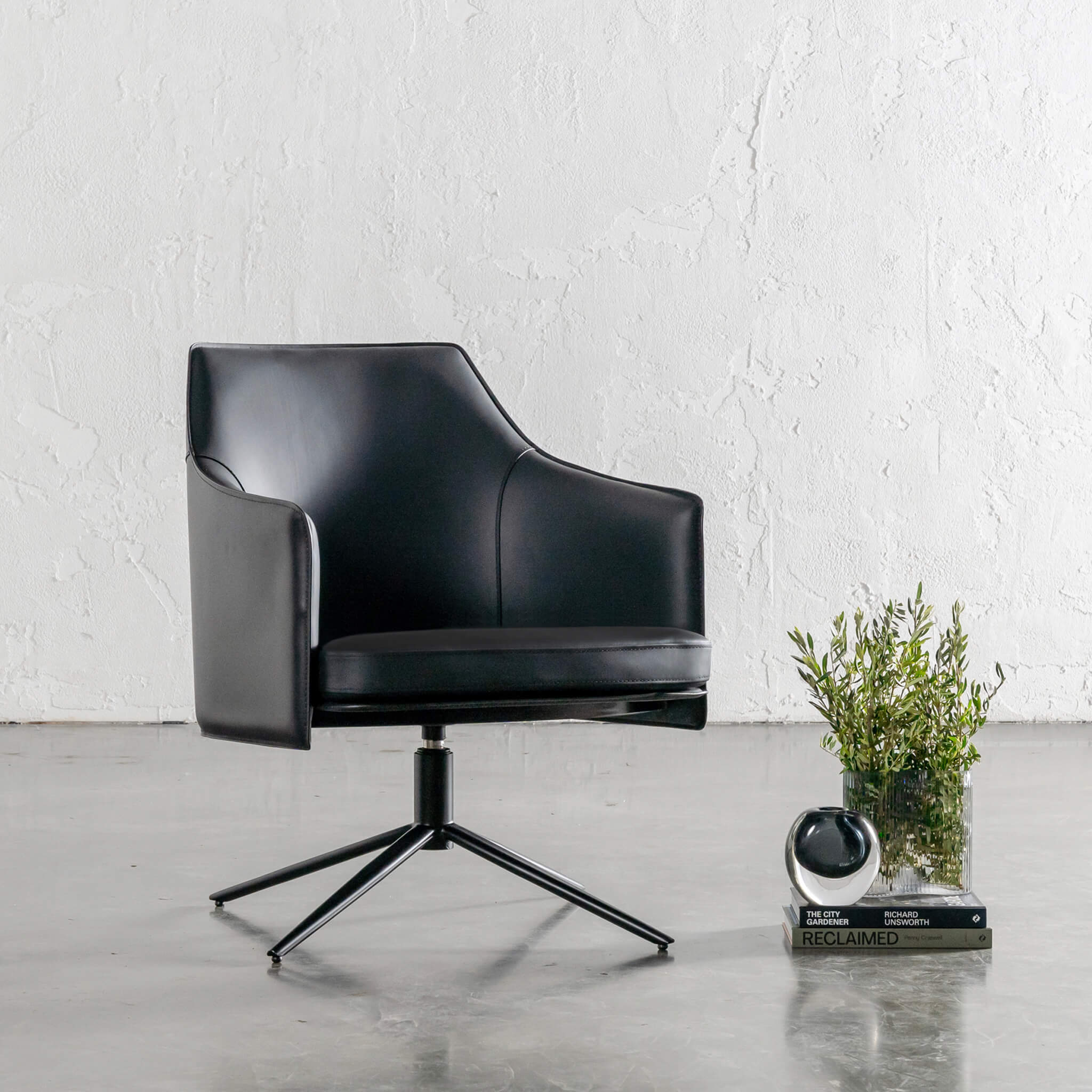 Bolina Mid Century Vegan Leather Swivel Armchair – Noir Black