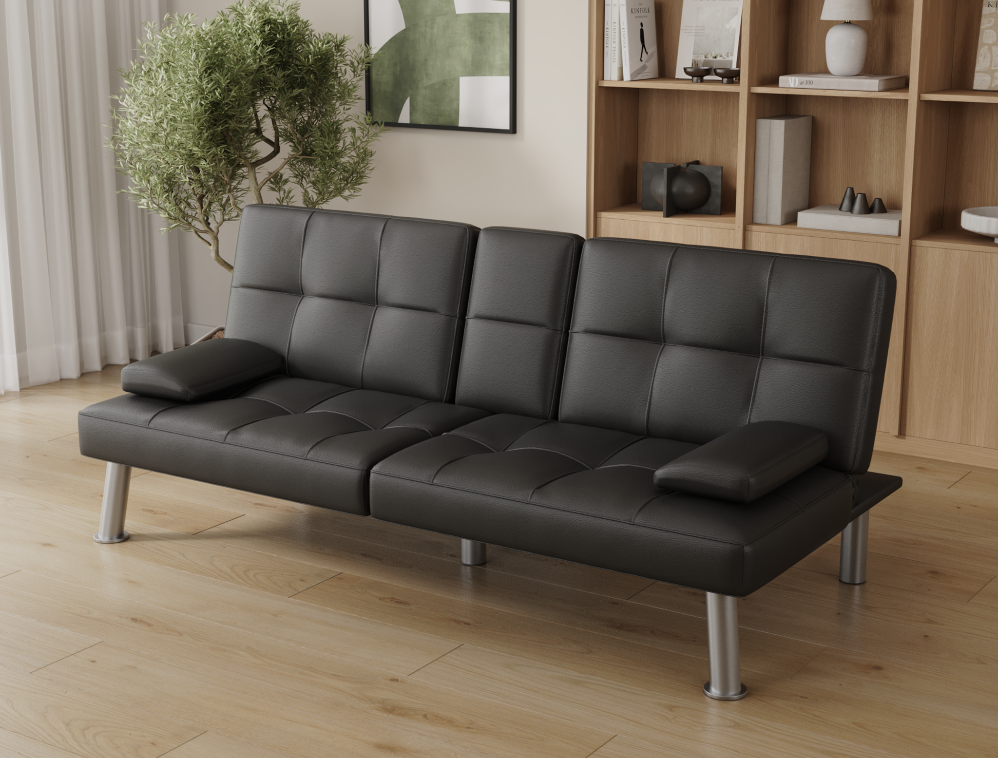 Candice 3-Seater Black Vegan Leather Sofa Bed - Image 1