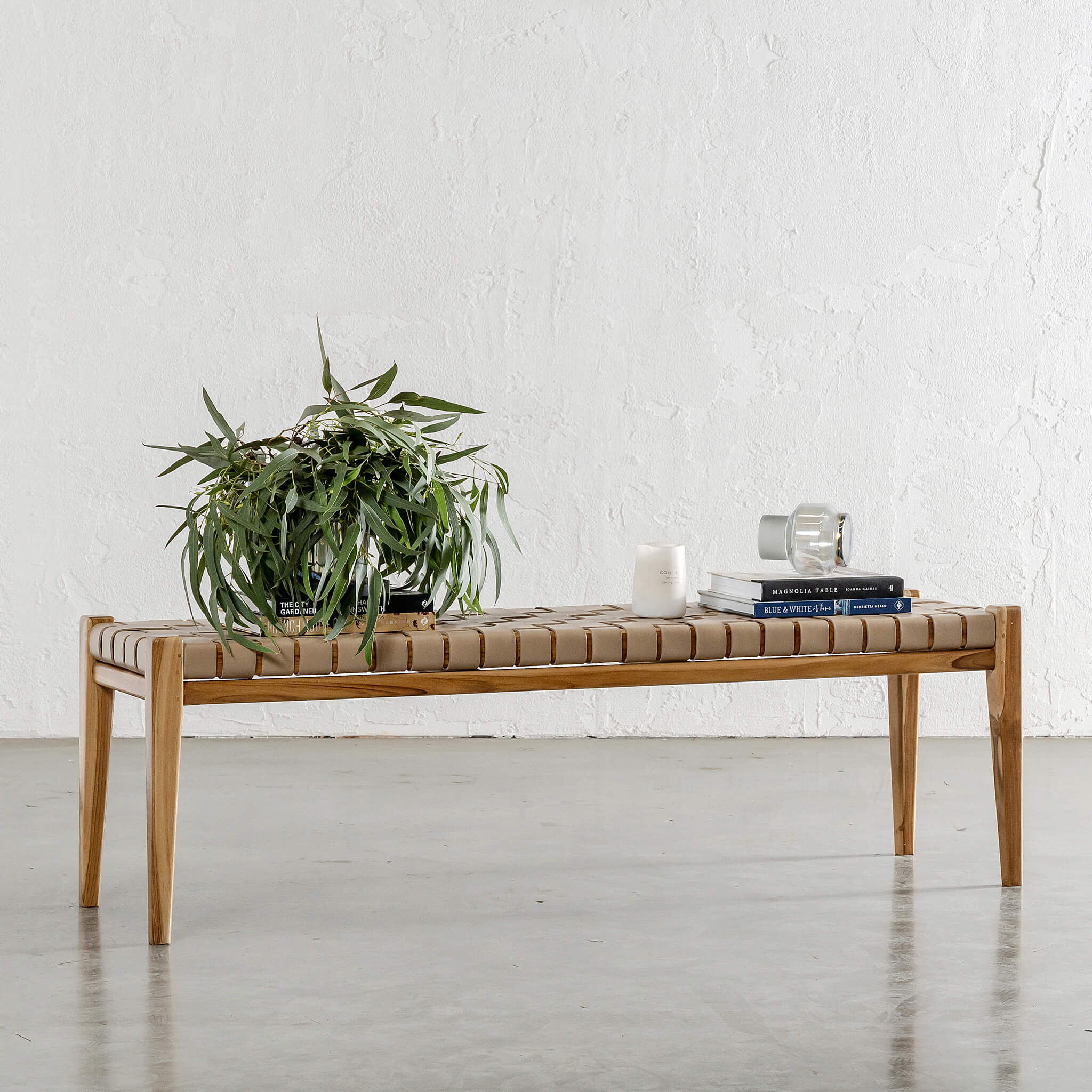 Maland Woven Leather Bench – Light Taupe Leather