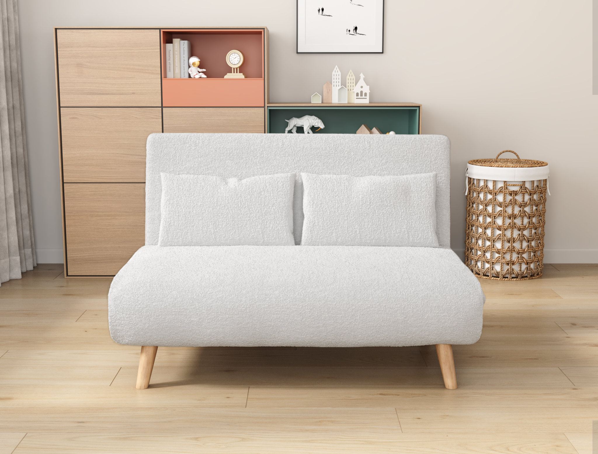 Theo 2 Seater White Sherpa Fabric Sofa Bed - Image 1