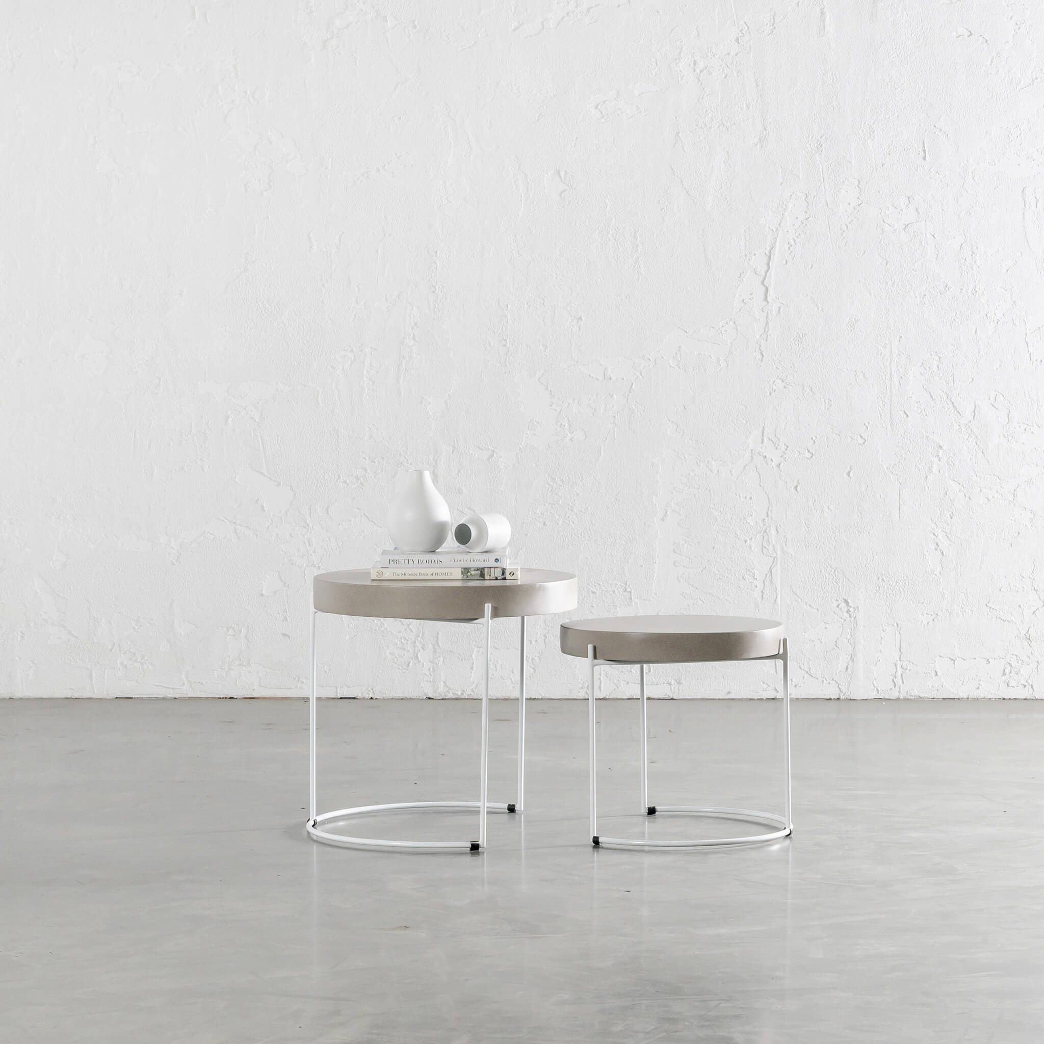 Aria Concrete Granite Side Tables – Sahara Ciment + White Frame