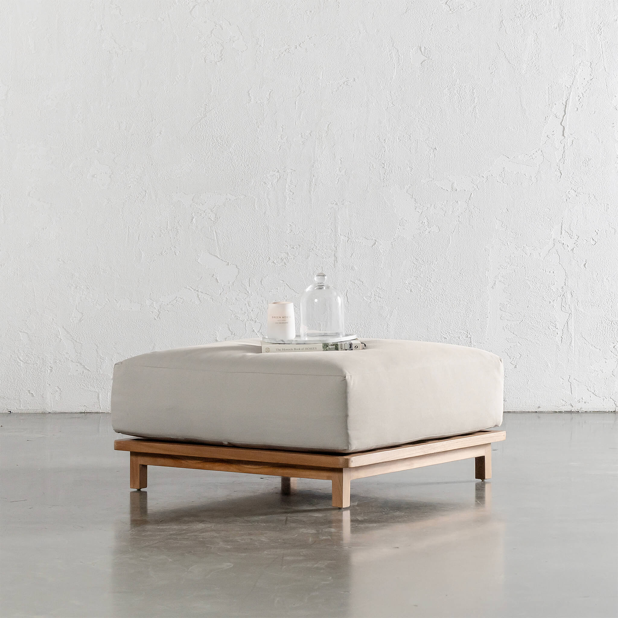 Valle Grande Outdoor Ottoman – Travertine Fog + Teak - Image 1