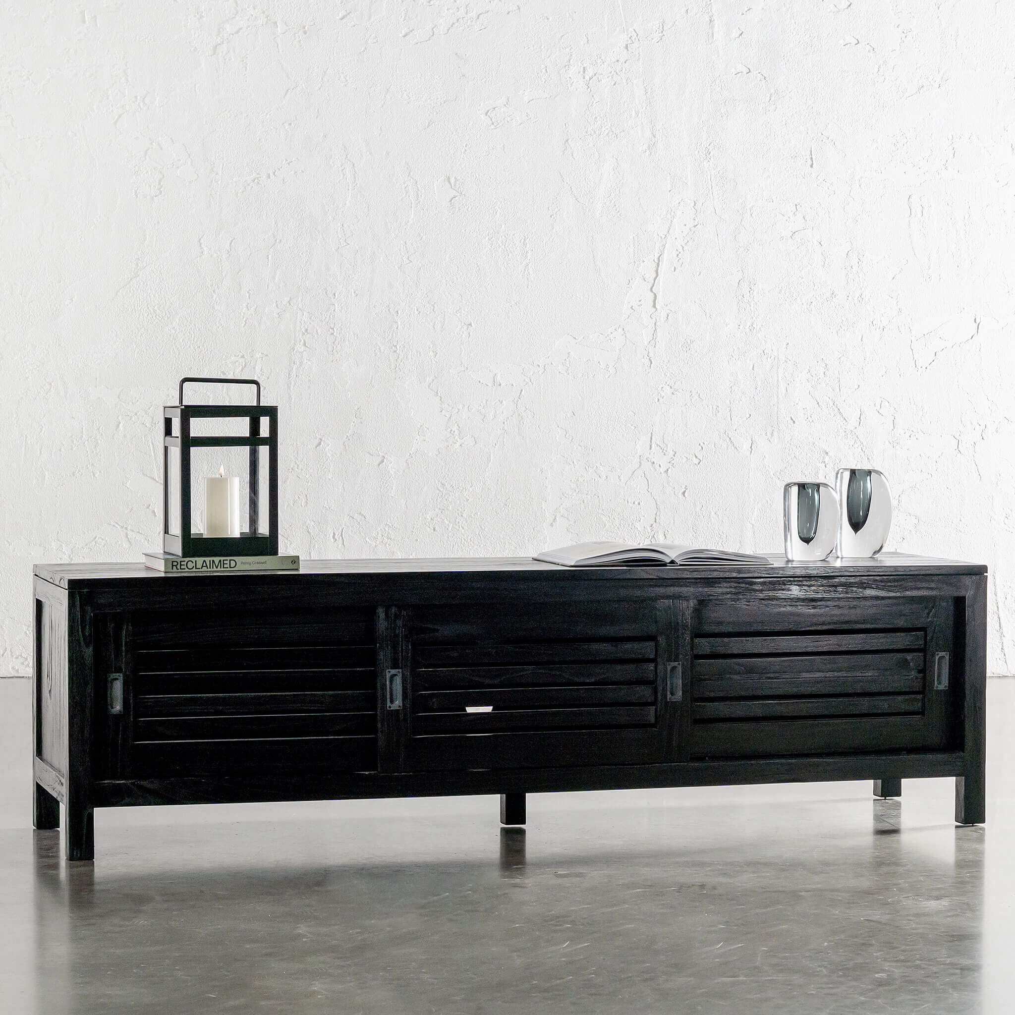 Conrad 3 Door Slatted Entertainment Unit – Black Grain