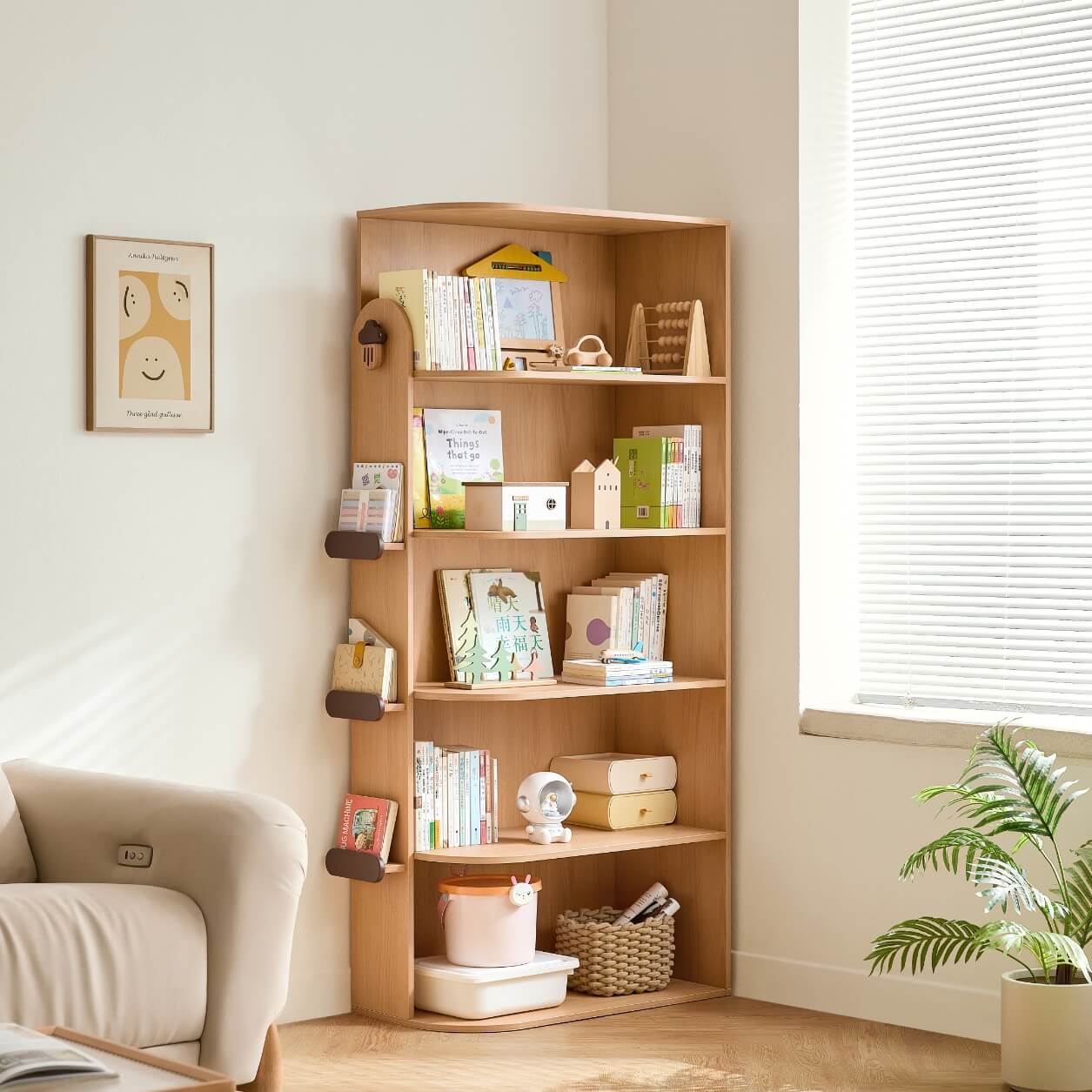 Hazelnut-shaped Wood Kids' Corner Bookcase In Natural Wood Color