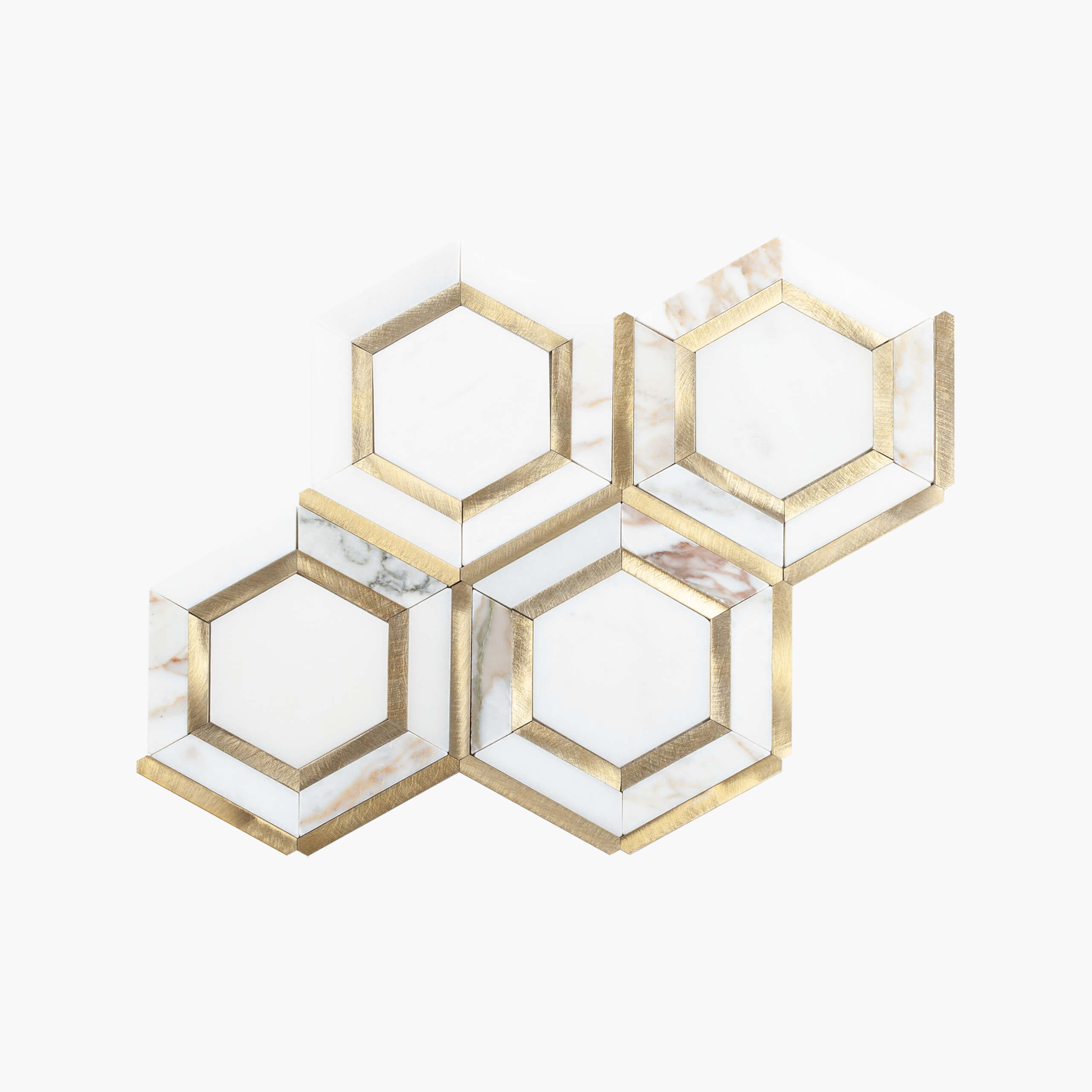 Marble Metal Mosaic Hexagon 165x185mm Honed White Stone With Brushed Gold